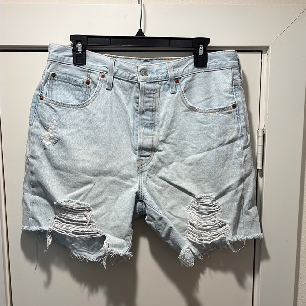 Light Wash Distressed Denim Shorts - Women